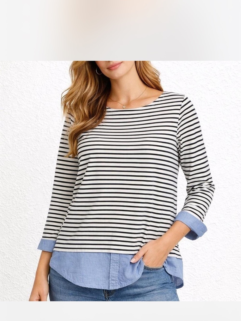 Striped Blue & White Layered Hem 💯% Cotton Women's Top